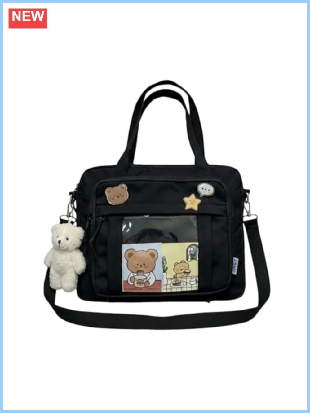 Kawaii Ita Crossbody Bag for Women with Pin Display & Plush Bear Y2K Messenger